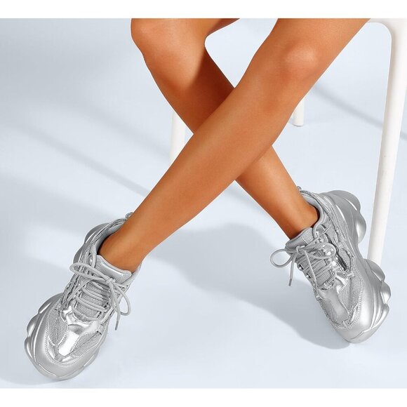 Women's 90s Chunky Sneakers Rope Platform Casual Thick Rave Walking Shoes Silver - Picture 5 of 9